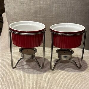 Red and White Butter Warmer Bowls with Metal Stands